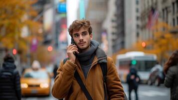 ai gerado uma jovem homem anda em ao longo uma cidade rua e chamadas em a telefone enquanto olhando às a Câmera foto