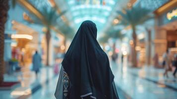 ai gerado uma jovem lindo árabe mulher dentro uma Preto abaya anda em através uma ampla compras Centro foto