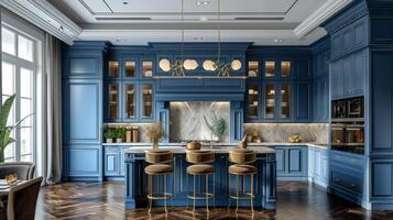 ai gerado lindo azul cozinha dentro uma clássico estilo foto
