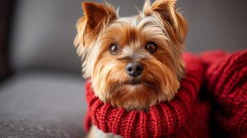 ai gerado fofo pequeno yorkshire terrier cachorro dentro uma vermelho tricotado suéter parece às a Câmera foto