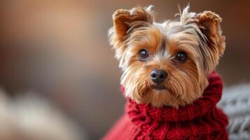 ai gerado fofo pequeno yorkshire terrier cachorro dentro uma vermelho tricotado suéter parece às a Câmera foto