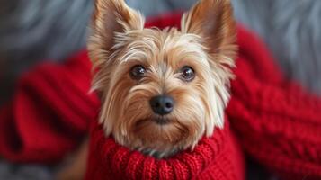 ai gerado fofo pequeno yorkshire terrier cachorro dentro uma vermelho tricotado suéter parece às a Câmera foto