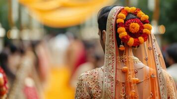 ai gerado indiano casamento. jovem lindo noiva e noivo dentro nacional indiano fantasias foto