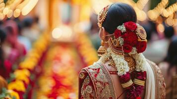 ai gerado indiano casamento. jovem lindo noiva e noivo dentro nacional indiano fantasias foto