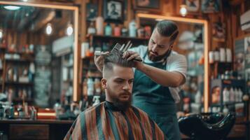 ai gerado jovem bonito barbeiro corte uma do cliente cabelo dentro frente do uma ampla espelho dentro uma elegante barbearia foto