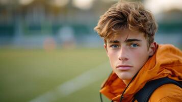 ai gerado jovem bonito futebol jogador posando olhando às a Câmera enquanto em pé em a futebol campo foto