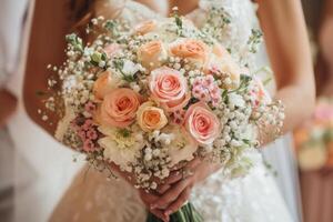 ai gerado uma lindo Casamento casal segurando uma ramalhete do suave Rosa e branco flores foto