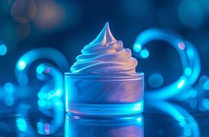 ai gerado uma recipiente do creme dentro uma azul luz foto