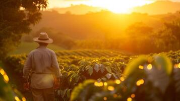 ai gerado uma cavalheiro vestindo uma chapéu levando uma andar através uma café campo durante nascer do sol foto