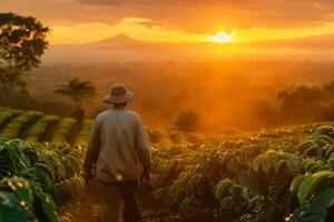 ai gerado uma cavalheiro vestindo uma chapéu levando uma andar através uma café campo durante nascer do sol foto