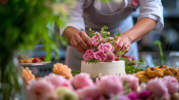 ai gerado uma pastelaria chefe de cozinha arranjo comestível flores em uma deslumbrante Casamento bolo foto