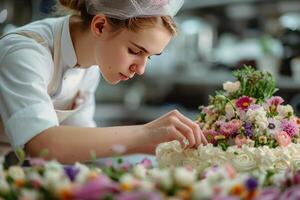 ai gerado uma pastelaria chefe de cozinha arranjo comestível flores em uma deslumbrante Casamento bolo foto