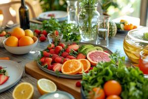 ai gerado uma instantâneo do uma mesa conjunto com refrescante infundido água, fresco frutas foto