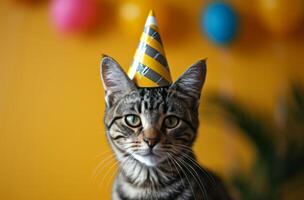 ai gerado uma malhado gato vestindo uma amarelo aniversário chapéu foto