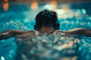 ai gerado a atleta nadador é preparando para saltar para dentro uma azul piscina foto