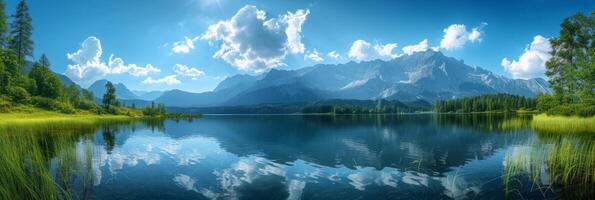 ai gerado lindo foto do uma montanha lago Backgroud para fundo