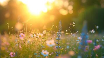 ai gerado lindo borrado fundo com iluminado pelo sol verde Prado com flores foto