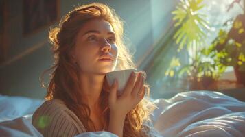 ai gerado lindo menina bebidas café dentro a manhã dentro cama foto