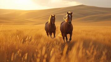 ai gerado dois mustang galope através a sem fim americano campo . foto