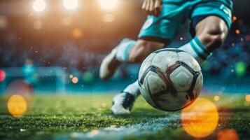 ai gerado uma futebol jogador meio de chute, ferozmente concentrando em a futebol bola às seus pés foto