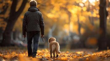 ai gerado uma jovem bonito homem é caminhando com dele cachorro dentro a parque. foto