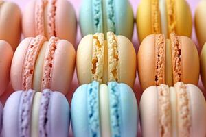 ai gerado delicado francês macarons dentro uma arco Iris do pastel cores, oferta uma sinfonia do sabores com cada morder. foto