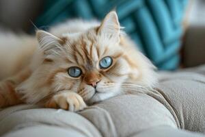 ai gerado fofo persa gato com hipnotizante azul olhos, reclinável em uma suave veludo almofada foto