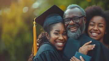 ai gerado orgulhoso pais abraçando seus diplomado, lágrimas do felicidade nascente acima. foto