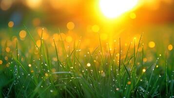 ai gerado a dourado brilho do uma amanhecer sol, fundição grandes sombras em beijado pelo orvalho lâminas do grama. foto