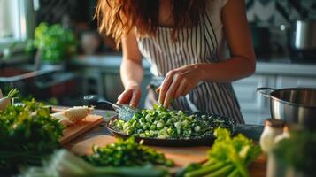 ai gerado mulher dentro a cozinha preparando salsão e verde cebola salada. foto