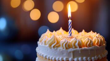 ai gerado uma fechar-se do uma à luz de velas bolo, pronto para a aniversário Garoto ou menina para faço uma desejar. foto