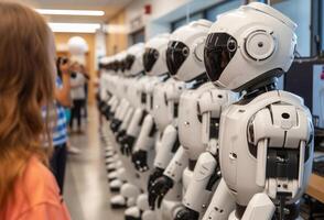 ai gerado uma ponta robótica laboratório com alimentado por IA robôs, inspirador alunos para abraço tecnológica inovação. foto