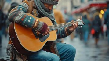 ai gerado uma rua músico jogando uma com alma melodia, conectando com transeuntes através a Magia do música. foto