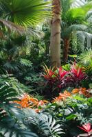 ai gerado uma tropical jardim com exótico plantas gostar Palma árvores, samambaias, e vibrante, exuberante folhagem. foto