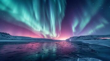 ai gerado a aurora boreal pintura a polar céu com vibrante matizes do verde e Rosa. foto