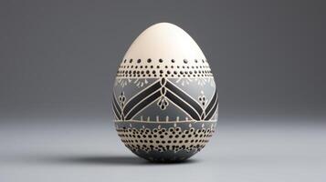 ai gerado uma minimalista Páscoa ovo com intrincado geométrico padrões dentro silenciado tons, em repouso em uma suave cinzento superfície. foto