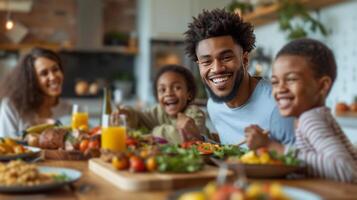 ai gerado uma família colhido por aí uma mesa, partilha riso e uma feito em casa refeição foto