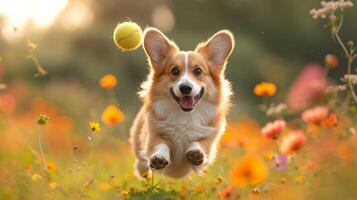 ai gerado uma fofo corgi saltando para uma tênis bola, orelhas vôo, no meio florescendo flores silvestres foto