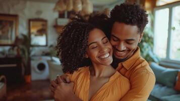 ai gerado uma casal dançando dentro a vivo sala, seus sorrisos irradiando felicidade foto