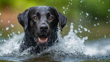 ai gerado uma labrador espirrando dentro uma espumante lago, exalando puro felicidade em uma quente verão dia foto