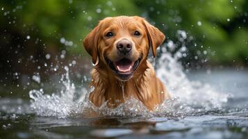 ai gerado uma labrador espirrando dentro uma espumante lago, exalando puro felicidade em uma quente verão dia foto