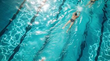 ai gerado uma imaculado natação piscina, Onde nadadores deslizar através claro como cristal água foto