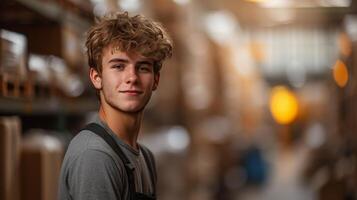 ai gerado uma jovem bonito carregador carrinhos e parece sorridente às a Câmera foto