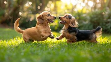 ai gerado dois brincalhão dachshunds luta livre dentro exuberante grama, seus caudas abanando furiosamente foto