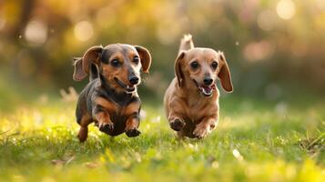 ai gerado dois brincalhão dachshunds luta livre dentro exuberante grama, seus caudas abanando furiosamente foto