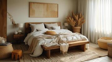 ai gerado uma acolhedor quarto com caloroso madeira acentos, uma plataforma cama, e macio, neutro têxteis. foto