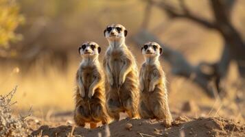 ai gerado uma família do suricatos em pé sentinela dentro a árido desertos do África. foto