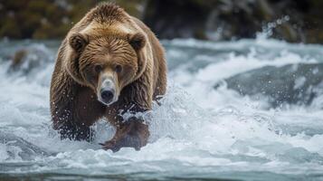 ai gerado uma magnífico grisalho Urso pegando salmão dentro uma correndo alaskan rio, Está poderoso presença inegável. foto