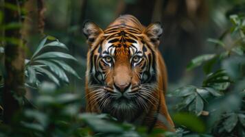 ai gerado uma régio Bengala tigre perseguição silenciosamente através a denso indiano selva foto