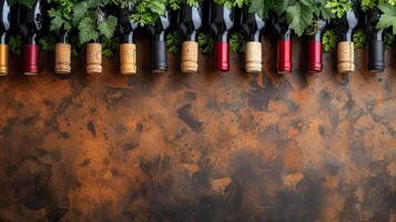 ai gerado em cascata vinho garrafas e rolhas, transmitindo uma paixão para vinicultura foto
